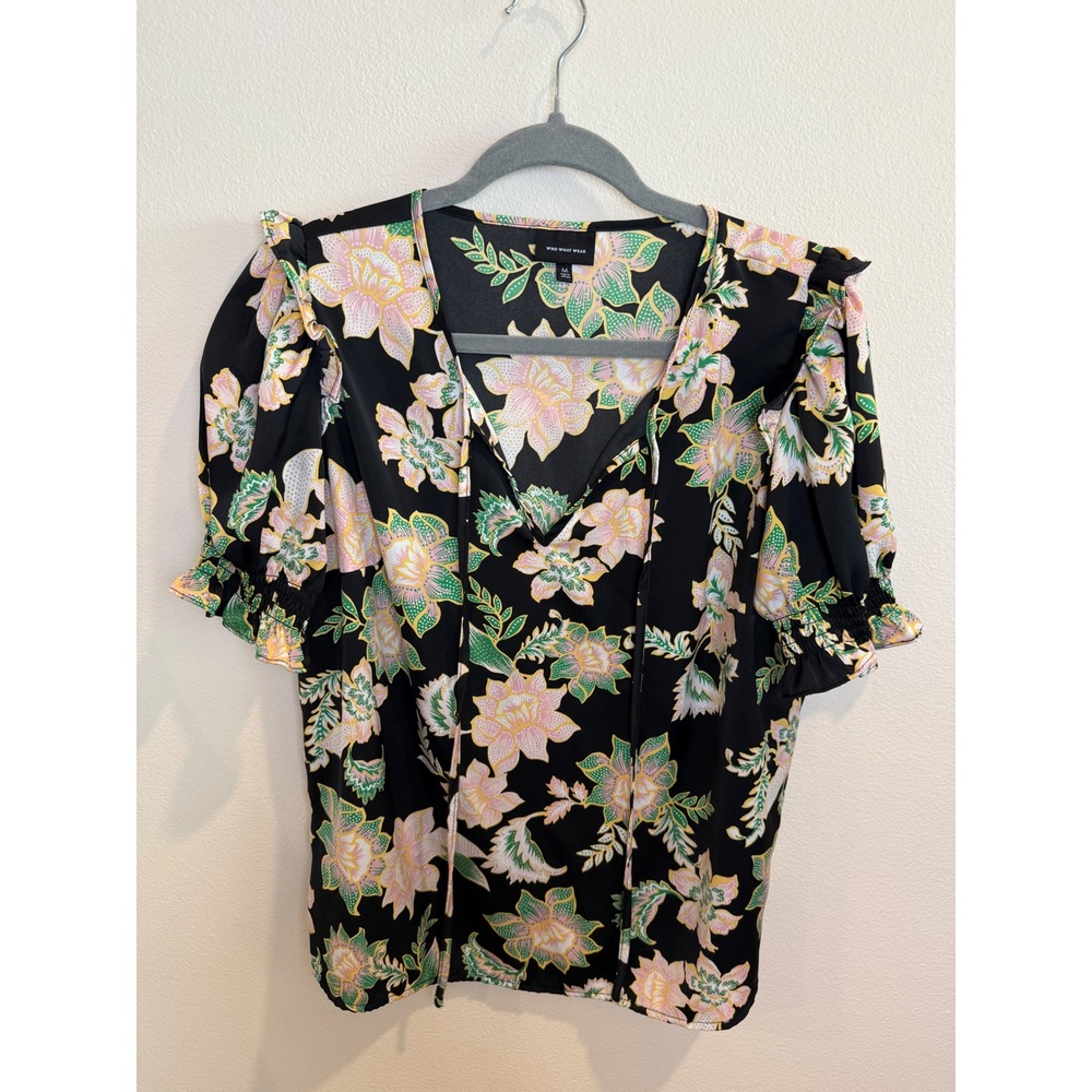 Who What Wear Womens Floral V-Neck Tie Blouse Black Pink Green Short Sleeve M